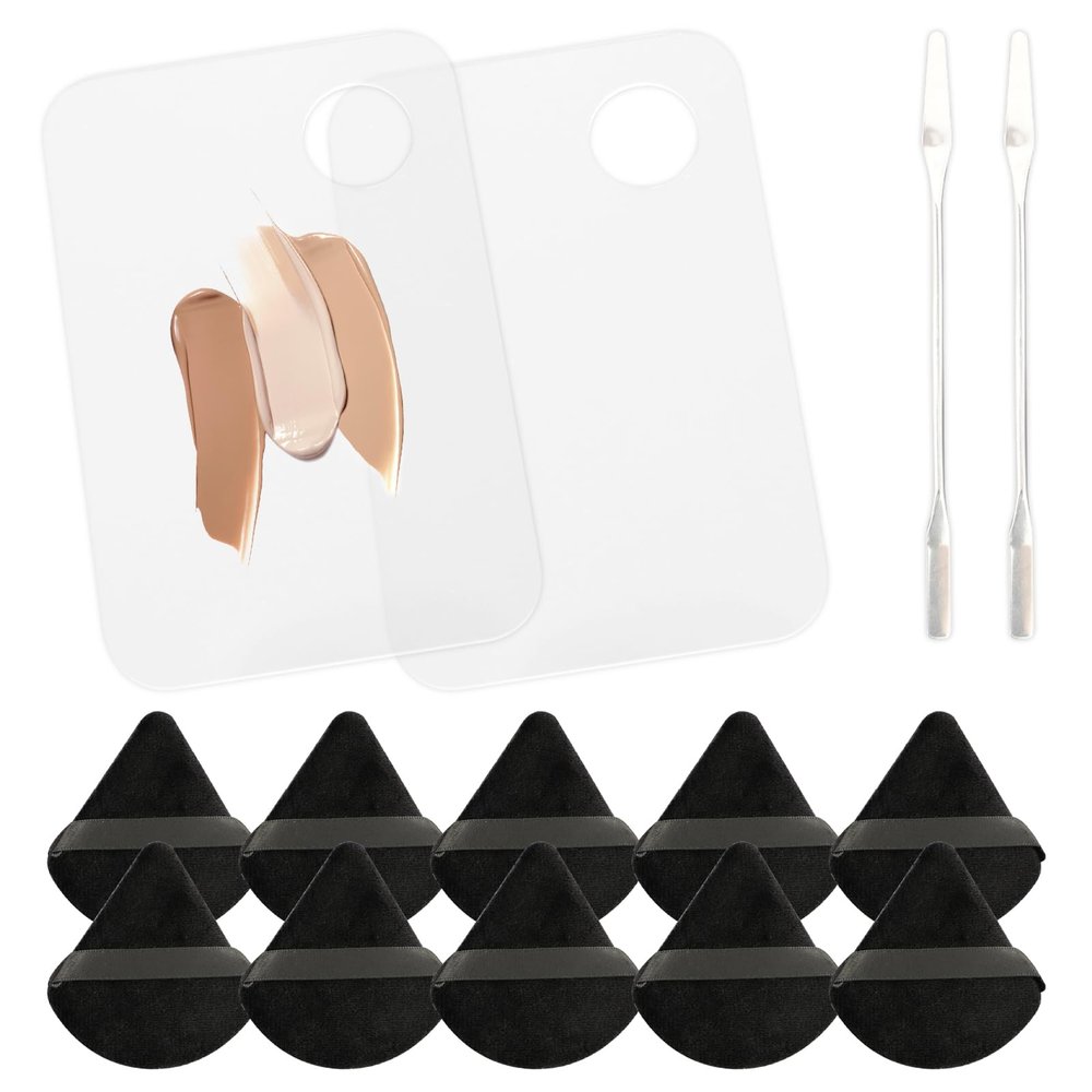 2 Pack Acrylic Makeup Mixing Palette with 2 Stainless Steel Scrapers & 10 Reusable Powder Puffs  Ideal for Facial Cosmetics, Nail Art Pigment Blending