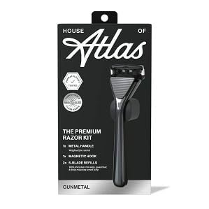 House of Atlas Premium 5-Blade Razor Kit with Metal Handle, 2 Refills, Magnetic Hook, Long-Lasting