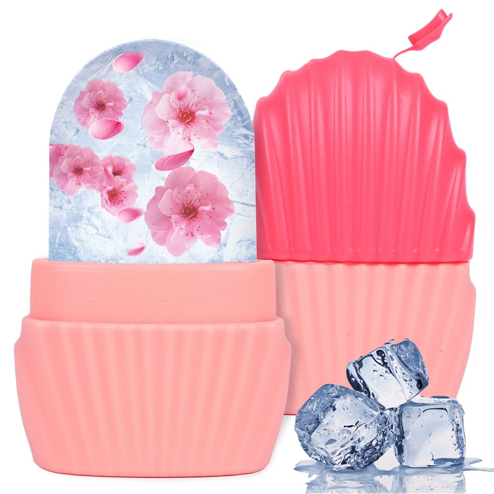Ice Cube Roller for Face,Eyes and Neck,Reusable Silicone Ice Mold Mermaid Shell Shape for Shrink Pores Anti Wrinkle and Skin Beauty Care,Reduce Migraine Pain,Gua Sha Face Massage Tools (Pink)