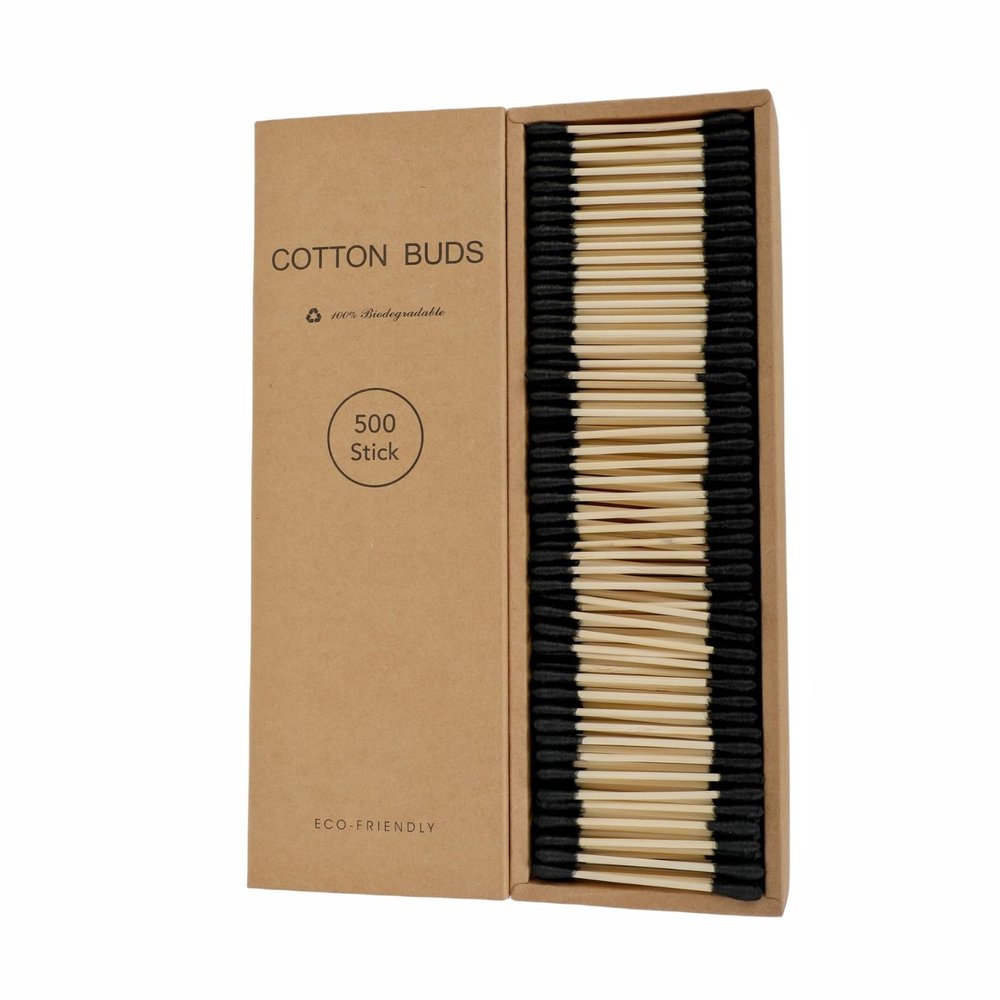 Pink Cotton Swabs 500 Count Natural Bamboo Cotton Buds Double Tips Eco Friendly Biodegradable Organic Buds (Black)