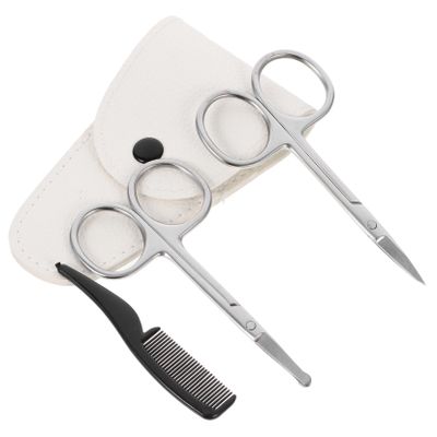 Vaguelly 4pcs Set Beard Trimming Scissors Set Stainless Beard Cutter Kit with Pointed Round Scissors Small Comb and White Leather Case for Grooming Mustaches and Nose Hair