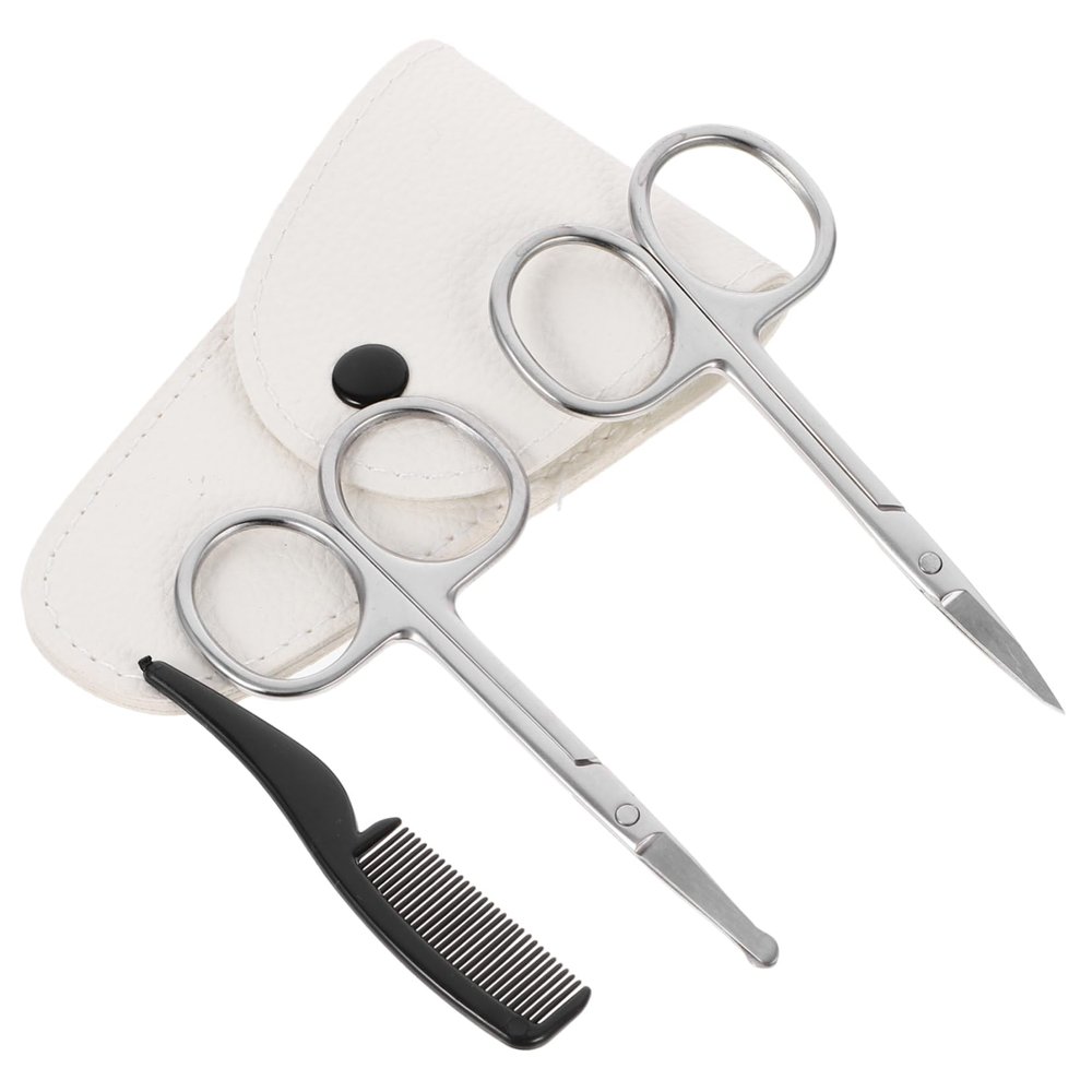 Vaguelly 4pcs Set Beard Trimming Scissors Set Stainless Beard Cutter Kit with Pointed Round Scissors Small Comb and White Leather Case for Grooming Mustaches and Nose Hair