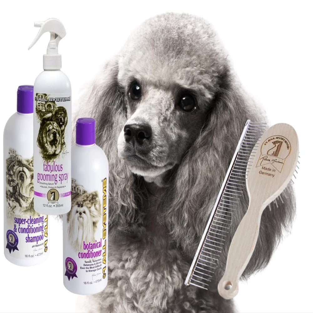 #1 All Systems Poodle Grooming Package, Shampoo, Conditioner, Spray, Brush and The Perfect Poodle Comb