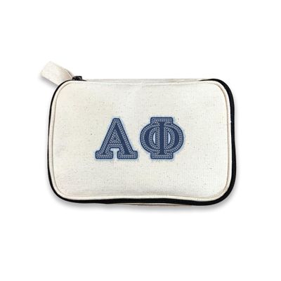 Alpha Phi Denim Letters Sorority Makeup Bag - Custom Cosmetic Pouch with Zipper - Bid Day, Big Little, Recruitment Gift for Sorority Sisters - Travel Toiletry Bag for Greek Life Accessories
