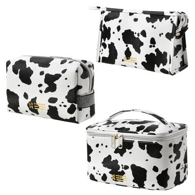 bag,Makeup Bag, 3 Pcs/Set Waterproof Cow Print Makeup Bag Travel Cosmetic Bag Portable PU Leather Multifunction Organizer Storage Bag Cute Milk Cow Grain Toiletry Bags Pouch Bags