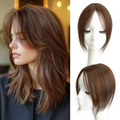 10" Clip in Bangs Hand-tied Base, 360 Clip In Hair Topper No Bangs Upgrade Handmade Hair Extensions (Light Brown)