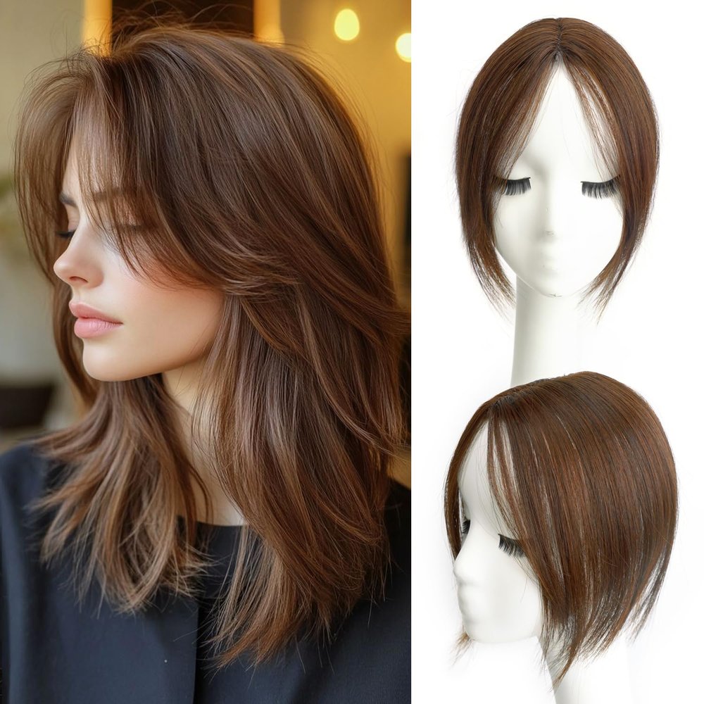 10" Clip in Bangs Hand-tied Base, 360 Clip In Hair Topper No Bangs Upgrade Handmade Hair Extensions (Light Brown)