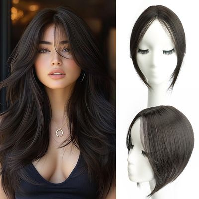 10" Clip in Bangs Hand-tied Base, 360 Clip In Hair Topper No Bangs Upgrade Handmade Hair Extensions (Brownish Black)