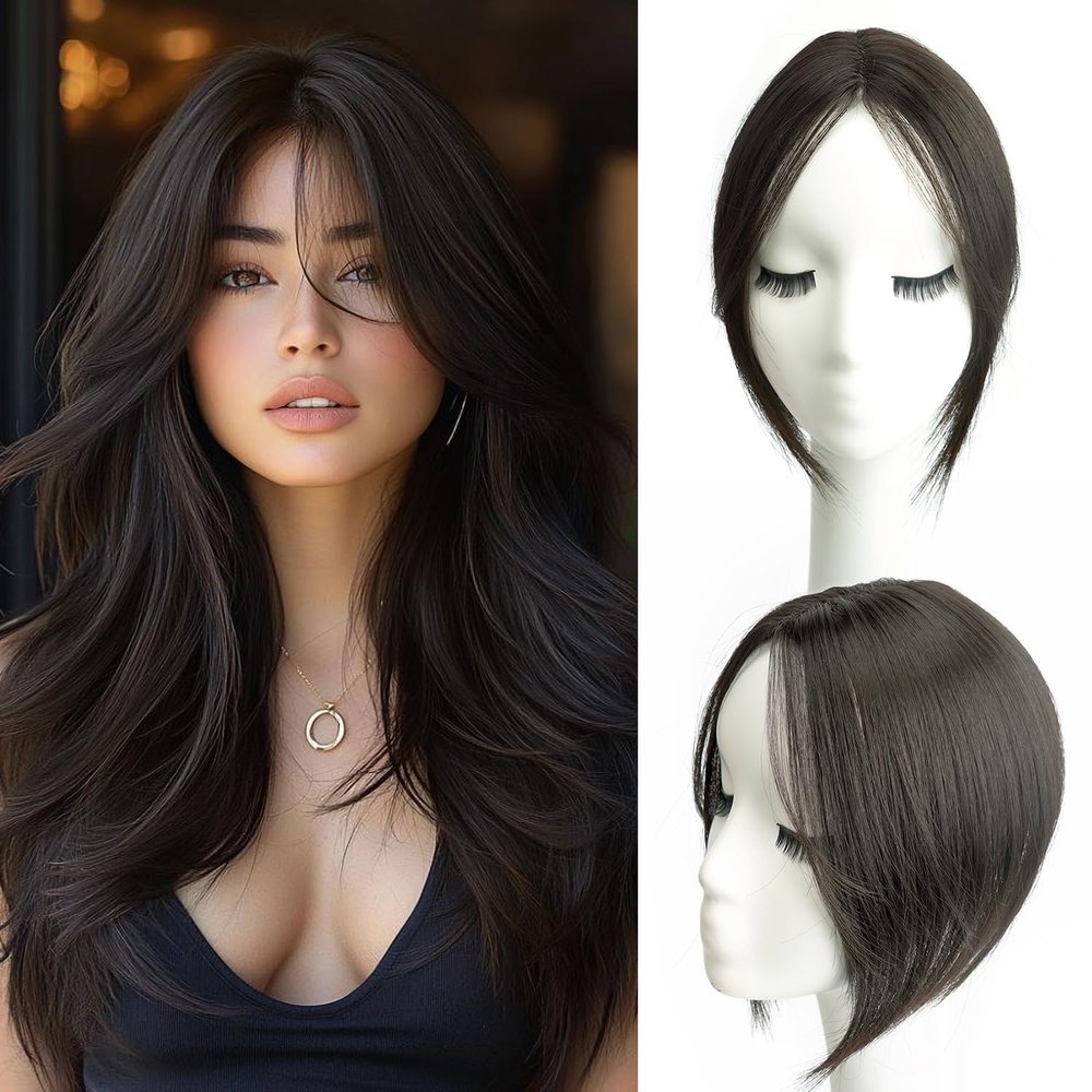 10" Clip in Bangs Hand-tied Base, 360 Clip In Hair Topper No Bangs Upgrade Handmade Hair Extensions (Brownish Black)