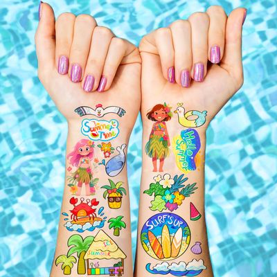 100+ Piece Kids Temporary Tattoos, Hawaiian Luau Tropical Beach Party Tattoos, Summer, Flamingo, Hibiscus Flowers,Palm Trees, Pineapple, Tiki Mask,Coconuts