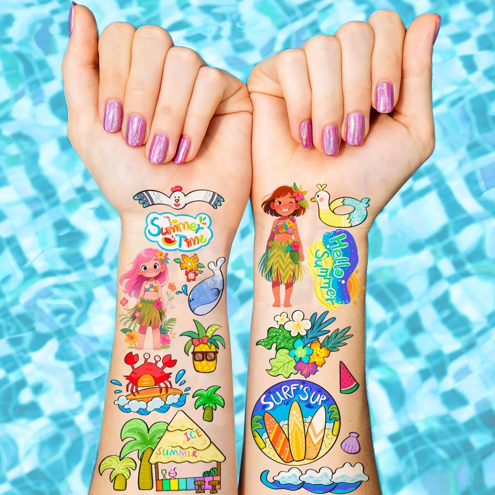 100+ Piece Kids Temporary Tattoos, Hawaiian Luau Tropical Beach Party Tattoos, Summer, Flamingo, Hibiscus Flowers,Palm Trees, Pineapple, Tiki Mask,Coconuts