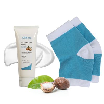 Althera Deep Moisturizing Foot Cream for Cracked Heels  Urea & Lactic Acid Formula for Dry Feet, Callused Skin & Rough Heels  Overnight Hydrating Heel Repair with Reusable Sock, 3.5 oz