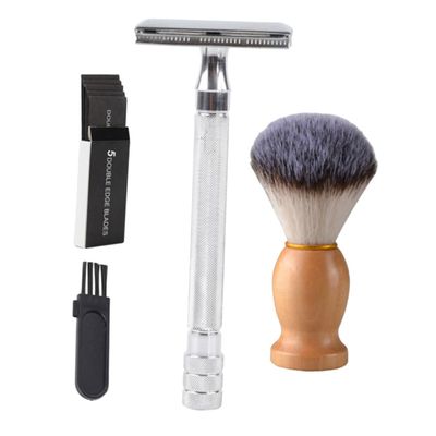 ARTSEWPLY 1set Beard Kit Beard Brush and Cleaning Tool Manual Shaving for Professional Grooming Portable Silver Safety Double Blades and Brush