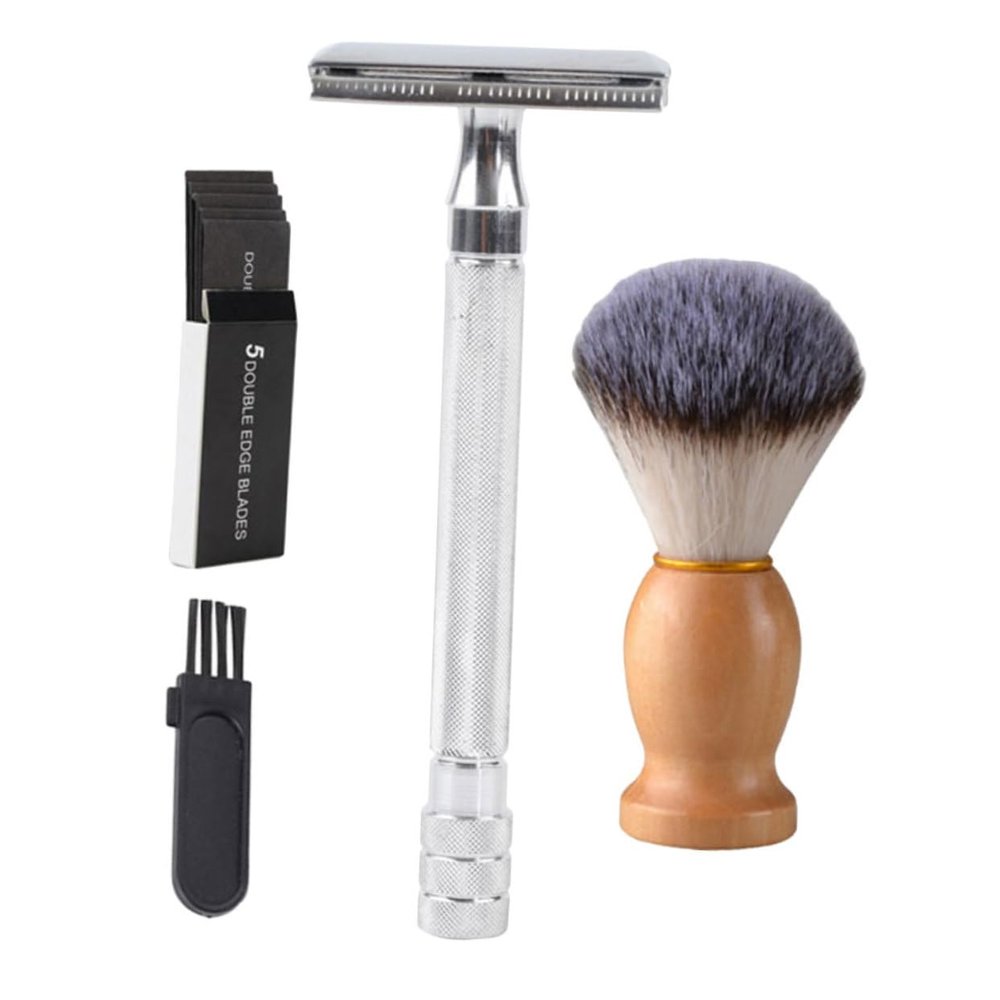 ARTSEWPLY 1set Beard Kit Beard Brush and Cleaning Tool Manual Shaving for Professional Grooming Portable Silver Safety Double Blades and Brush