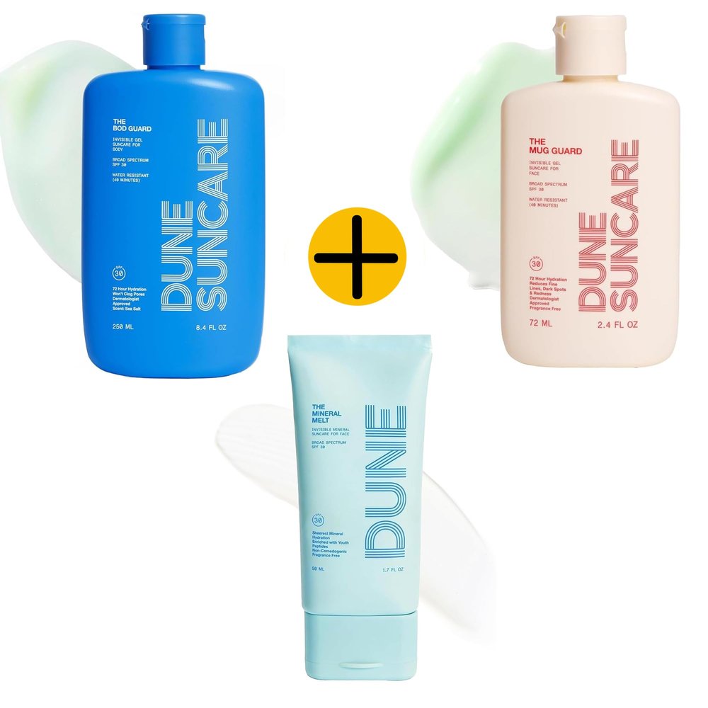 DUNE Suncare Trio The Bod Guard + Mug Guard + Mineral Melt Sunscreens for Face & Body, SPF 30, Reef Safe, 72-Hour Hydration, Anti-Aging, Non-Greasy, Water-Resistant, For All Skin Types (3-Pack)