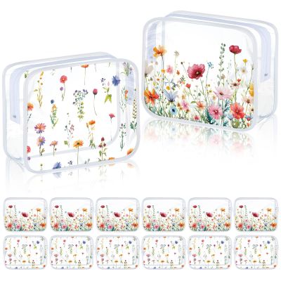 Sanwuta 12 Pcs Wildflower Makeup Bags Clear Cute Flower Gift Bag Portable Cosmetic Pencil Pouch with Zipper Small Floral Toiletry Organizer Wedding Party Favors for Women Travel Birthday Party Decor