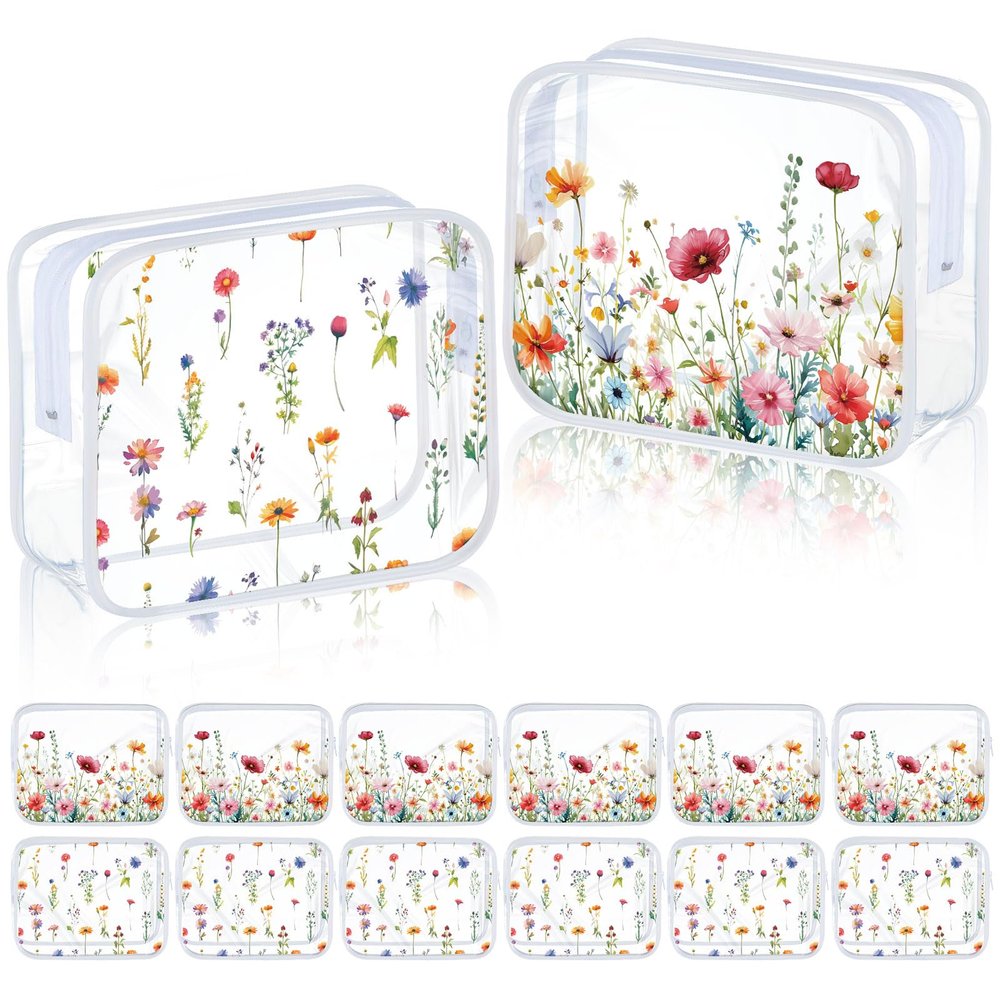Sanwuta 12 Pcs Wildflower Makeup Bags Clear Cute Flower Gift Bag Portable Cosmetic Pencil Pouch with Zipper Small Floral Toiletry Organizer Wedding Party Favors for Women Travel Birthday Party Decor