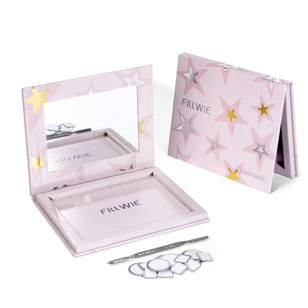 Magnetic Empty Makeup Palette with Mirror  Customizable Refillable Case for Eyeshadow, Blush, Lipstick, Highlighter  Lightweight, Waterproof, with Spatula & 20 Metal Stickers (Pink, Medium)