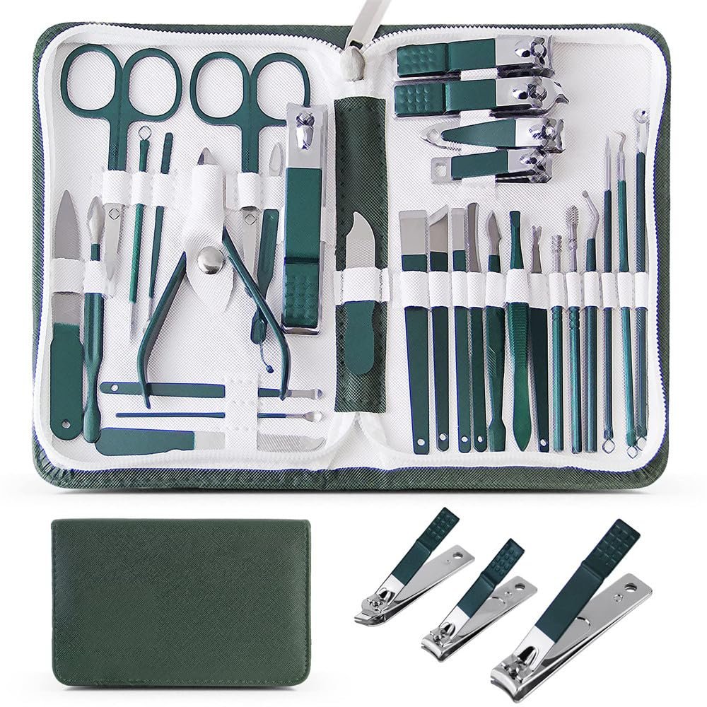 30 pcs Nail Clippers Manicure Tool Set, with Portable Travel Case, Cuticle Nippers and Cutter Kit, Professional Nail Clippers,Green 30 pcs