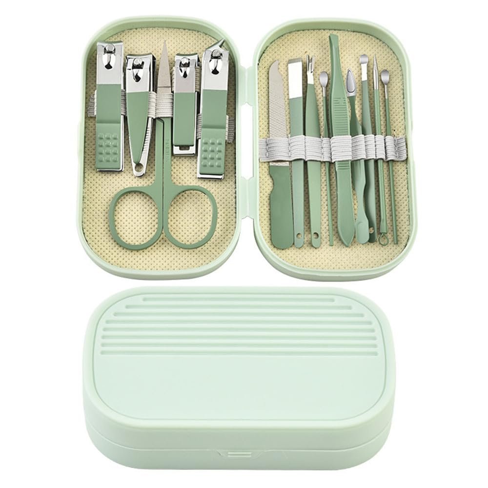 14 Piece Manicure & Pedicure Set Pink and Blue Stainless Steel Nail Scissors, Clippers, Ear Digging Spoon for Men & Women,SET110,Green