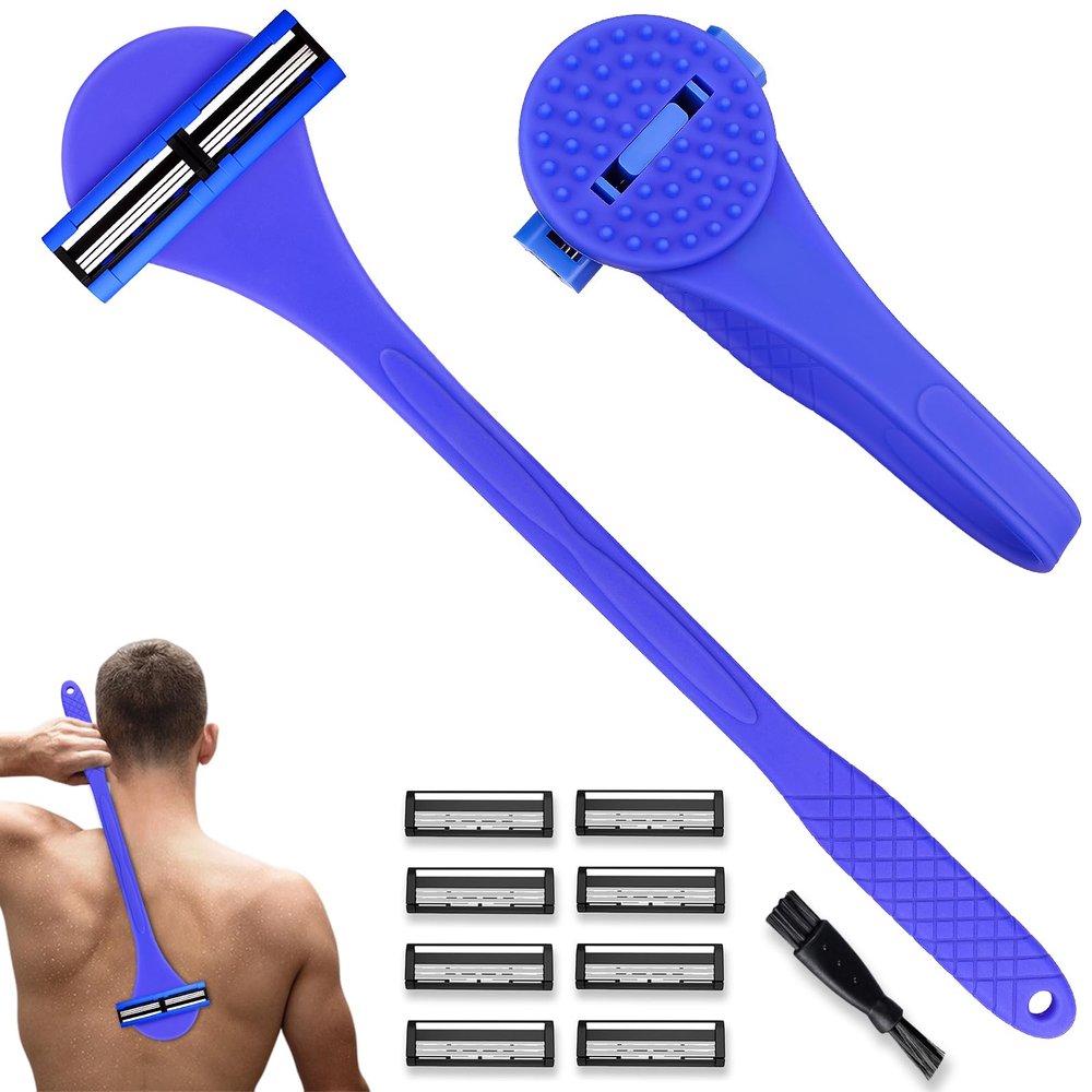 Dexspoeny 2 in 1 Back Shaver & Massage Cleaning Brush with Bendable Handle, Manual Stainless Steel Razor for Back & Body Hair Removal, Portable Wet Dry Body Groomer with 8 Pcs Replaceable Blades-Blue