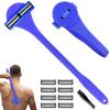 Dexspoeny 2 in 1 Back Shaver & Massage Cleaning Brush with Bendable Handle, Manual Stainless Steel Razor for Back & Body Hair Removal, Portable Wet Dry Body Groomer with 8 Pcs Replaceable Blades-Blue view 1