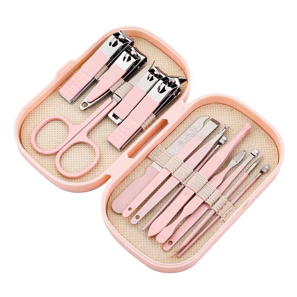 14 Piece Manicure & Pedicure Set Pink and Blue Stainless Steel Nail Scissors, Clippers, Ear Digging Spoon for Men & Women,SET110,Pink