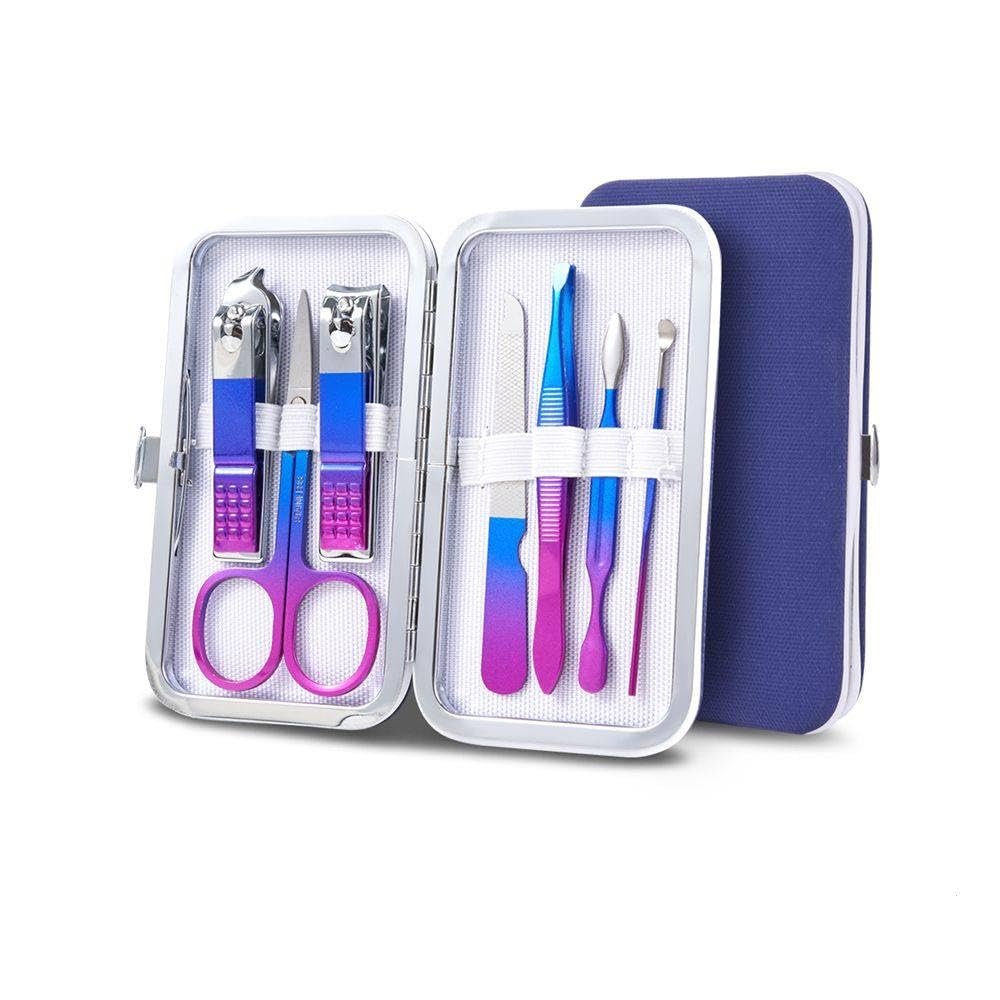 7-15pcs Colored Manicure Set Stainless Steel Eyebrow Repair and Beauty Nail Clippers Set Ear Spoon Pedicure Scissors Nail Tools,7PCS