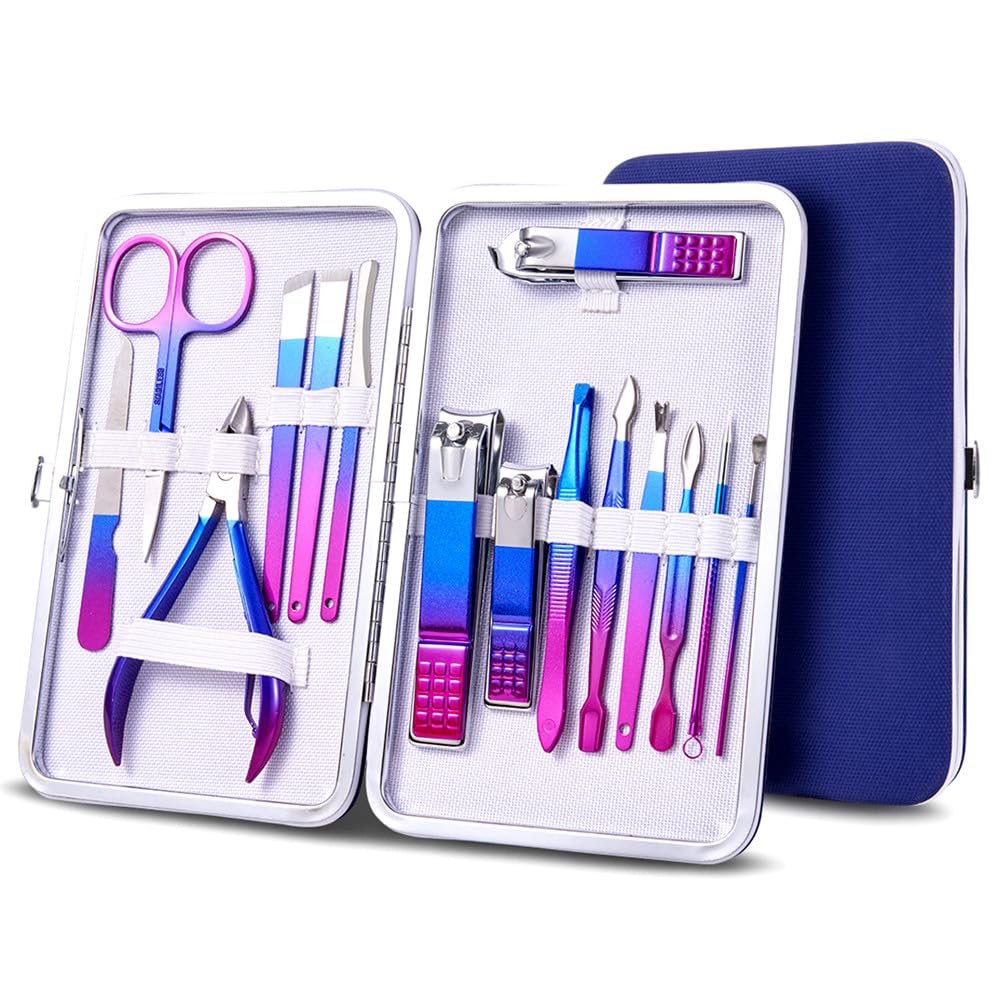 7-15pcs Colored Manicure Set Stainless Steel Eyebrow Repair and Beauty Nail Clippers Set Ear Spoon Pedicure Scissors Nail Tools,15pcs