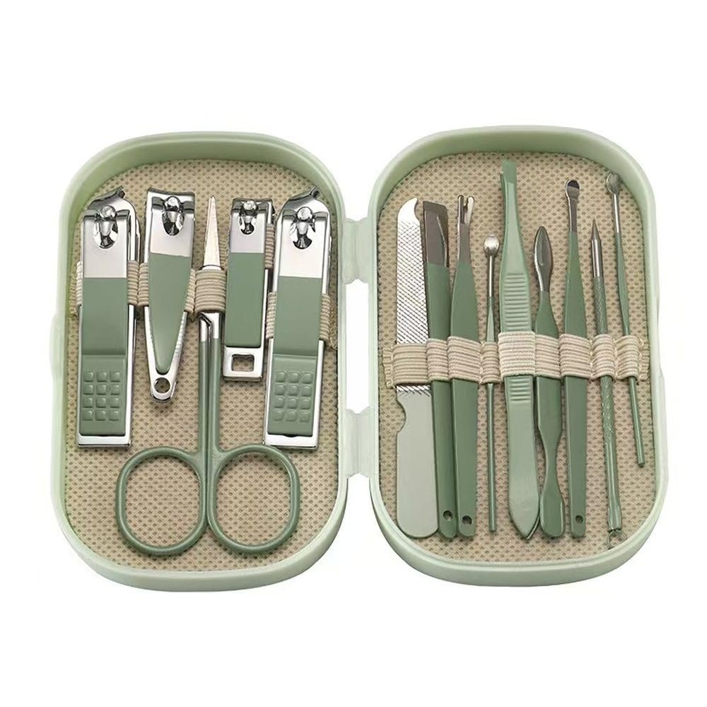 14-Piece Stainless Steel Nail Clipper Set for Home use, Dedicated for Manicure and Pedicure, Including Nail Clippers, Ear Picks,Light Green