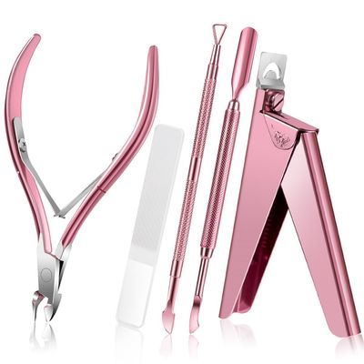 Acrylic Nail Clipper 5 in 1 Kit Glass Nail File Ergonomically Designed Trimmer Cuticle Steel Pusher,Pink
