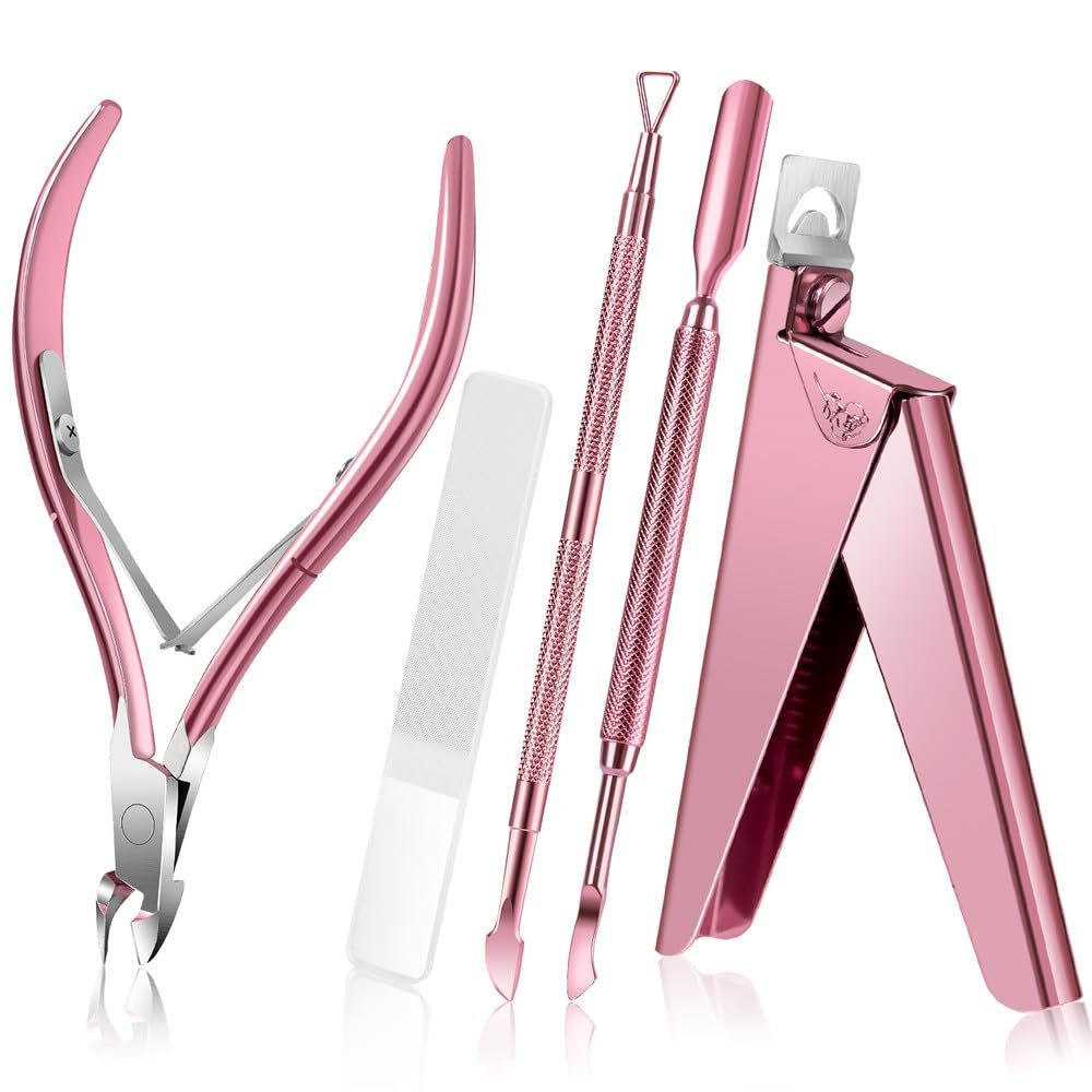 Acrylic Nail Clipper 5 in 1 Kit Glass Nail File Ergonomically Designed Trimmer Cuticle Steel Pusher,Pink