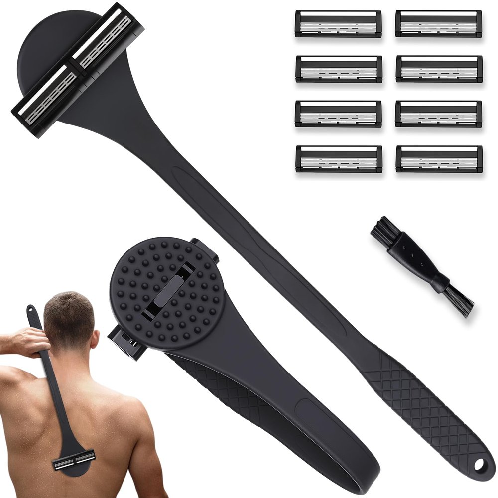 Dexspoeny 2 in 1 Back Shaver & Massage Cleaning Brush with Bendable Handle, Manual Stainless Steel Razor for Back & Body Hair Removal, Portable Wet Dry Body Groomer with 8 Pcs Replaceable Blades-Black