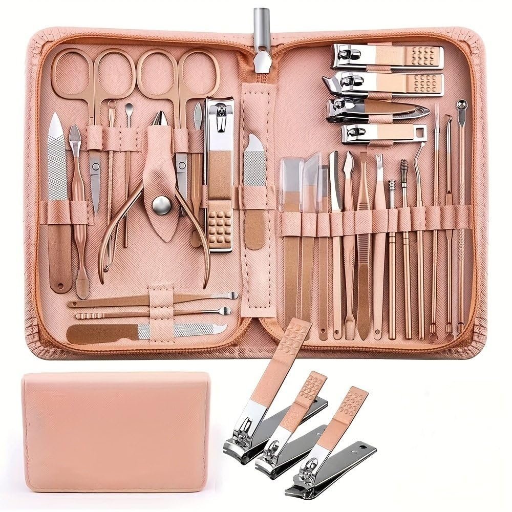 30 pcs Nail Clippers Manicure Tool Set, with Portable Travel Case, Cuticle Nippers and Cutter Kit, Professional Nail Clippers,Rose Golden 30 pcs