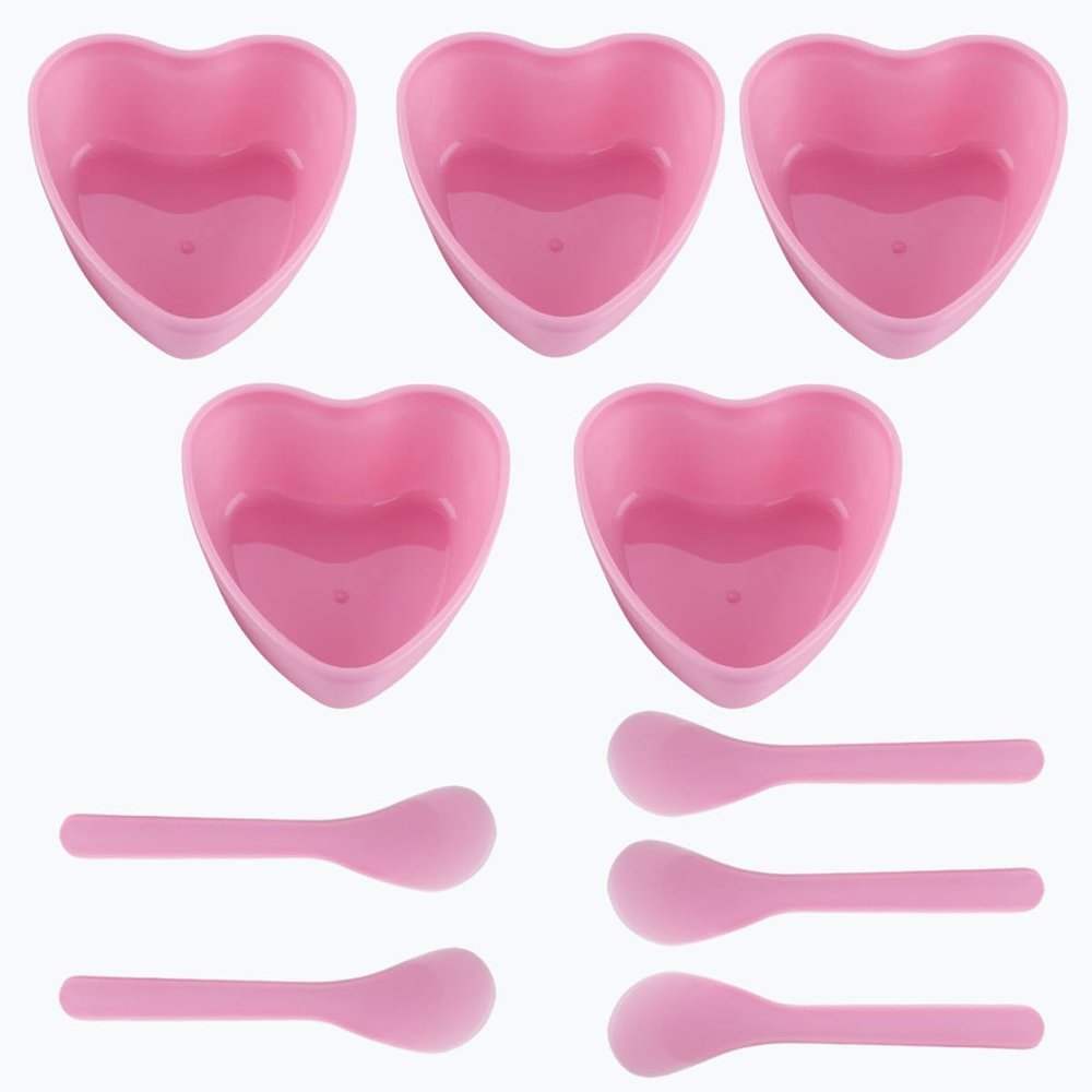 5 Sets Plastic Heart Shaped Facial Mask Mixing Bowl, Pink Facemask Bowl DIY Skin Care Mixing Tool Kit with Spatulas for Mud Masks, Home Salon, and Beauty Salon Use, Face Mask Applicator Tool(5 Pcs)