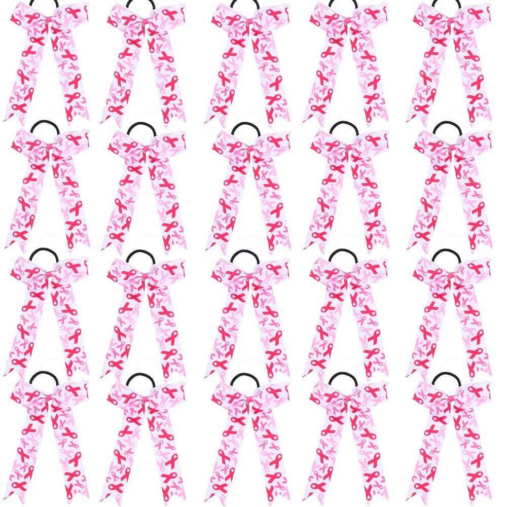 20pcs Collegiate Breast Cancer Awareness Cheer Bows for Girls, Long Tail Skinny Cheer Bow Ponytail Holder Handmade Bows for Girls Cheerleader Sports (Pink White)
