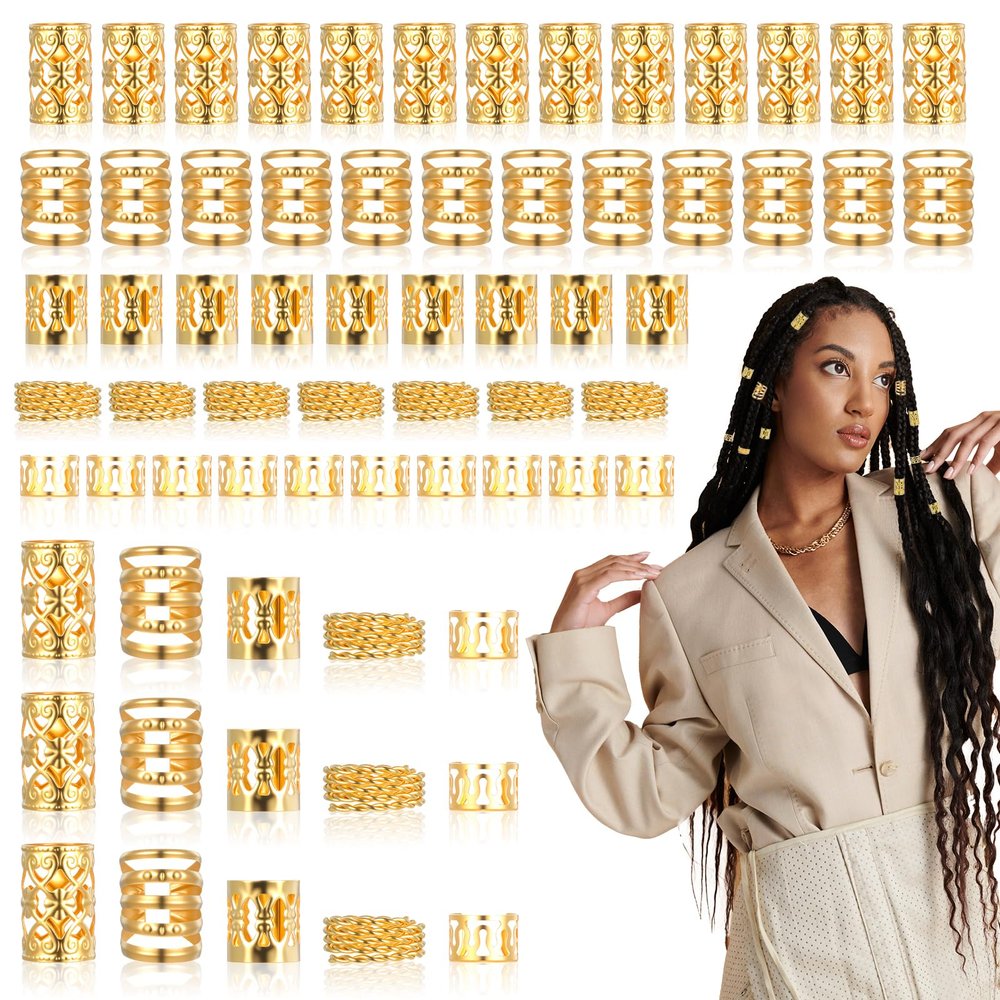 100Pcs Gold Hair Cuffs Charms Rings for Braids, Gold Hair Jewelry Accessories Adjustable Loc Jewelry Dreadlocks Braid Clips Decorations for Black Women Men Festival Pirate Decorations