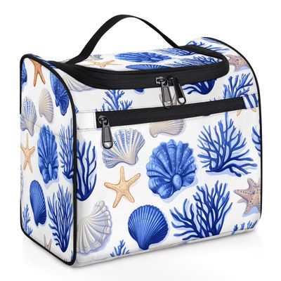 Adornori Starfish and Seashells Travel Toiletry Bag for Women Large Capacity Wide-open Makeup Organizer Cosmetic Travel Bags for Toiletries, Nautical Coastal