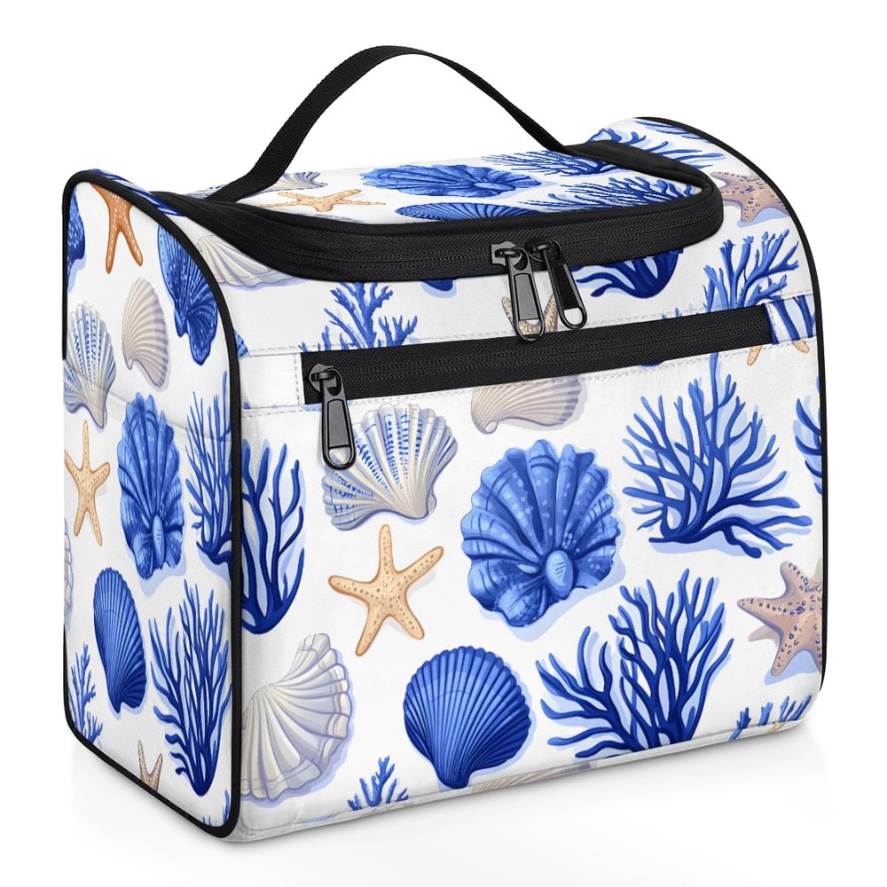 Adornori Starfish and Seashells Travel Toiletry Bag for Women Large Capacity Wide-open Makeup Organizer Cosmetic Travel Bags for Toiletries, Nautical Coastal