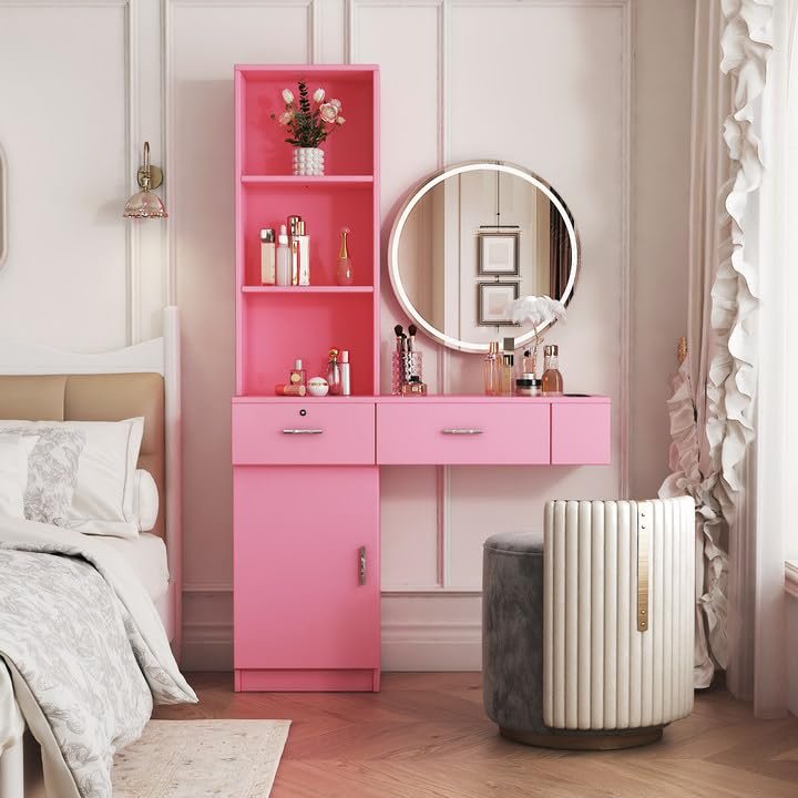 Pink Modern Simple Hair Desk, Multi Layer Storage Space
