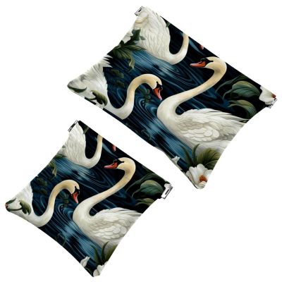 2Pcs Art Swan Flower-1595 Pocket Cosmetic Bag for Purses, Waterproof Makeup Bag Cosmetic Pouch, Portable No Zipper Makeup Bag