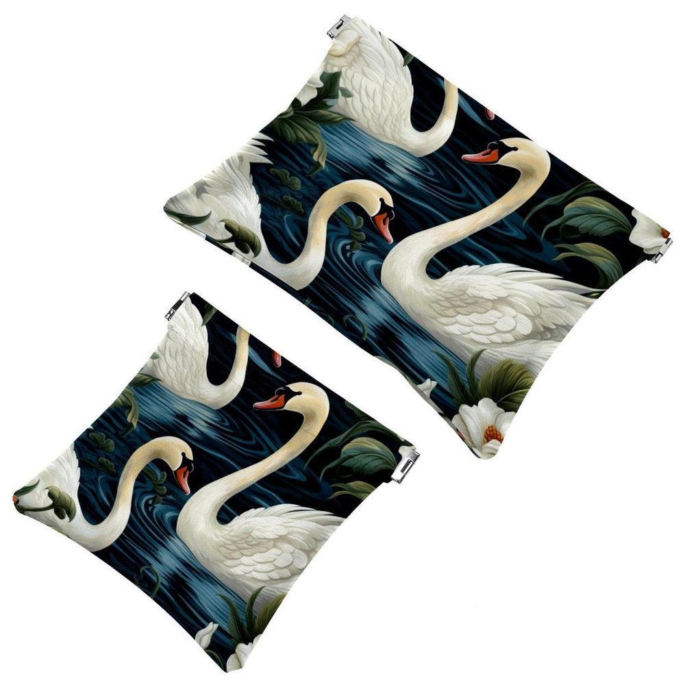 2Pcs Art Swan Flower-1595 Pocket Cosmetic Bag for Purses, Waterproof Makeup Bag Cosmetic Pouch, Portable No Zipper Makeup Bag