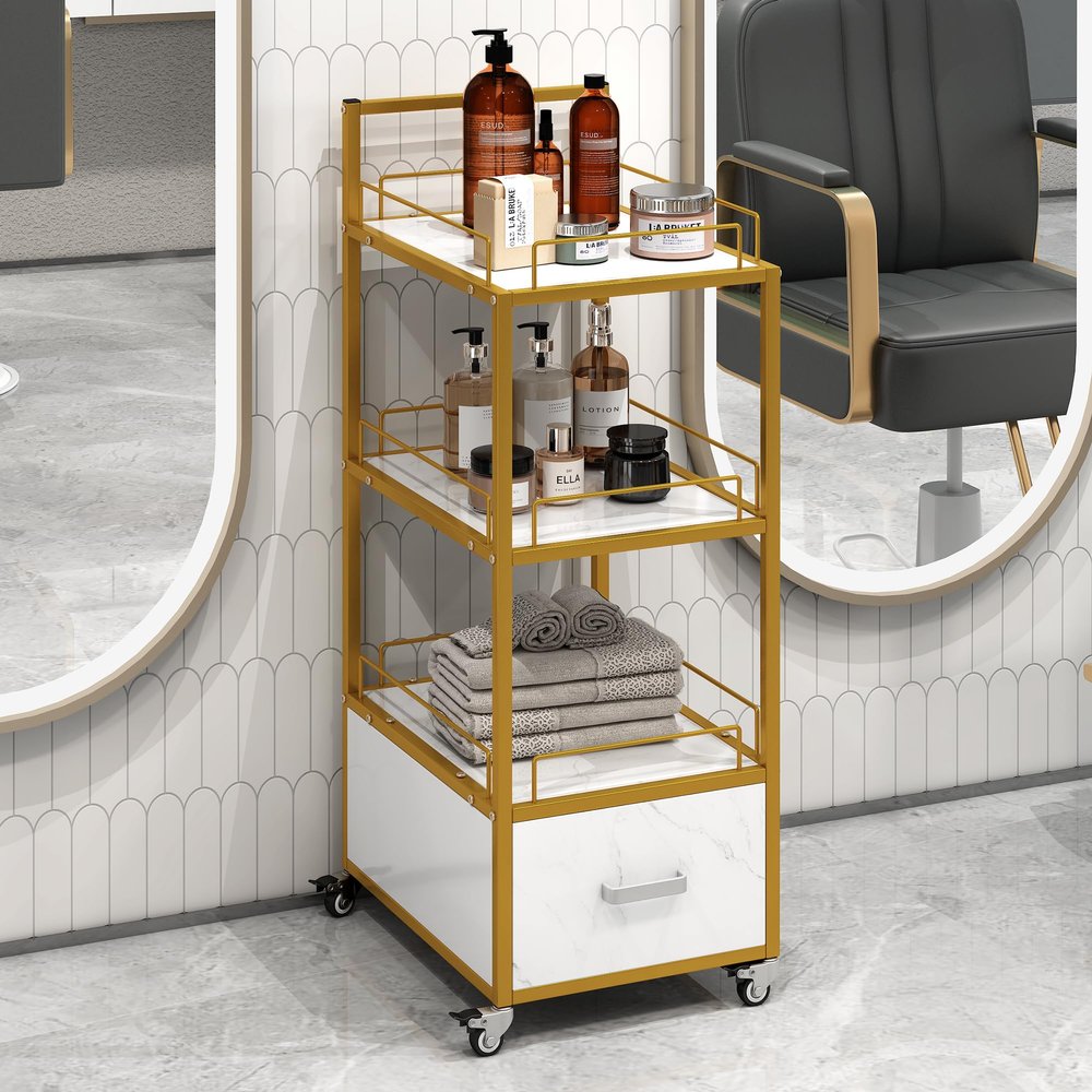 Beauty Salon Storage Trolley Cart,with Lockable Rolling Wheels,Metal e Marbled Board,Drawer Barber Salon Furniture,White