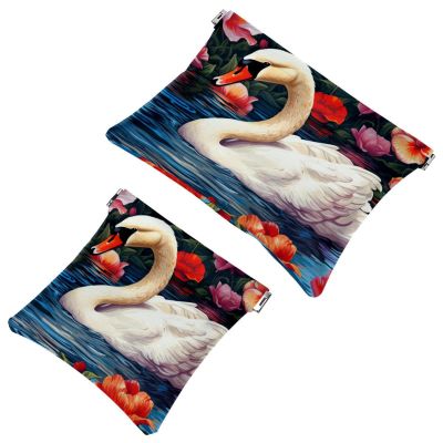 2Pcs Flowers and Swans-1586 Pocket Cosmetic Bag for Purses, Waterproof Makeup Bag Cosmetic Pouch, Portable No Zipper Makeup Bag