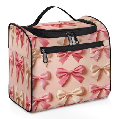 Adornori Bow Travel Toiletry Bag for Women Large Capacity Wide-open Makeup Organizer Cosmetic Travel Bags for Toiletries, Cute