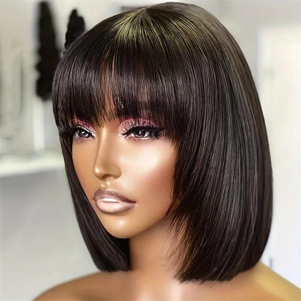 Women Straight Short Bob Wig With Bangs Human Hair Glueless Remy Hair Cosplay Party Wigs