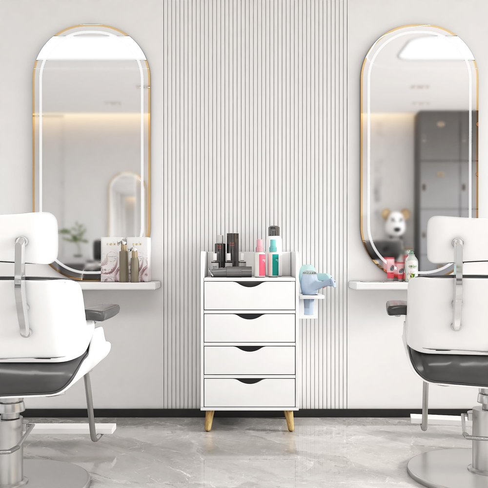 4 Layer Salon Storage Cabinet,Beauty Barber Salon Styling Station Organizer Equipment,Hair Stylist Station Set with 2 Hair Dryer Holders,4 Drawers and Raised Table Legs