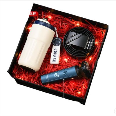 Premium Present Box for Men, Tumbler, Electric Razor, Leather Belt, Neck Massager (3-piece set/Blue upgraded 316 digital display insulated cup + razor + genuine leather strap + box and bag)