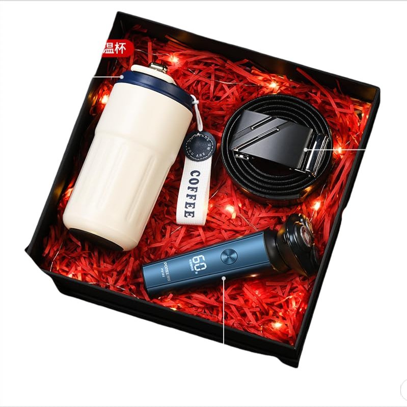 Premium Present Box for Men, Tumbler, Electric Razor, Leather Belt, Neck Massager (3-piece set/Blue upgraded 316 digital display insulated cup + razor + genuine leather strap + box and bag)