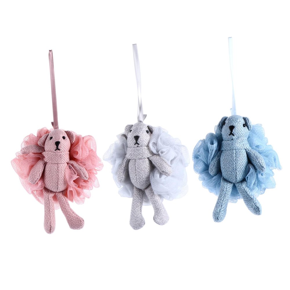 ARTSEWPLY 3pcs Bear Cartoon Bath Mesh Body Scrubber Shower Pouf Sky and Gray Soft and Safe Exfoliating Bath Sponge for Daily Use